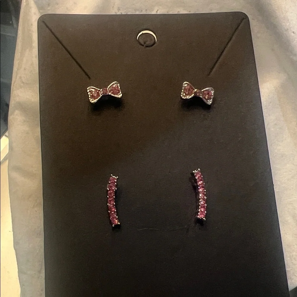 🎀 Pink Rhinestone Bow & Bar Earrings Set of 2 Pairs ✨